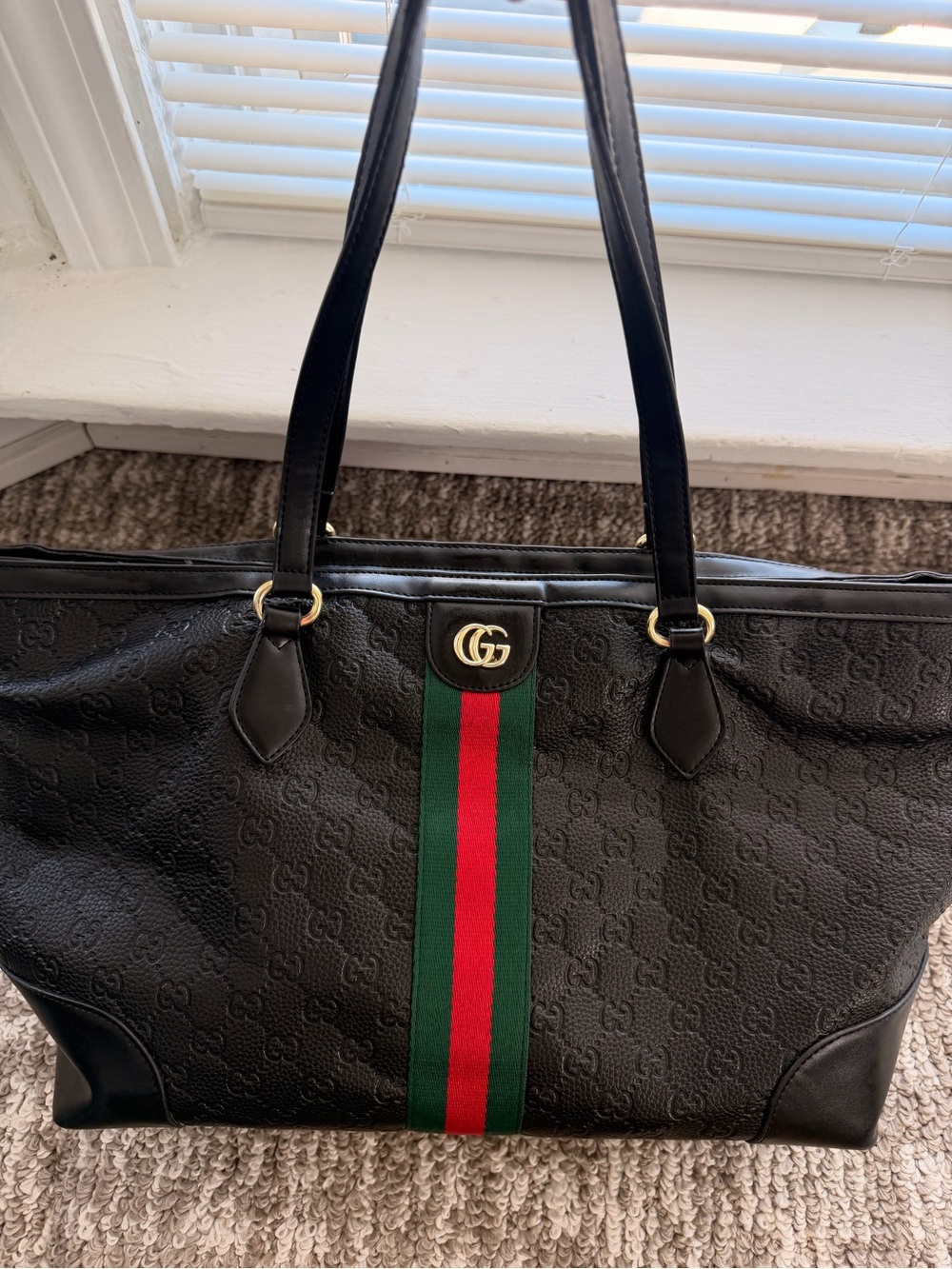 Gucci Black GG Monogram Large Tote Bag – Green & Red Web Stripe – Made in Italy